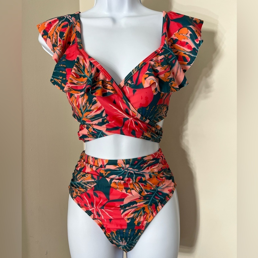 Tropical Print V Neck High Waist Bikini Set